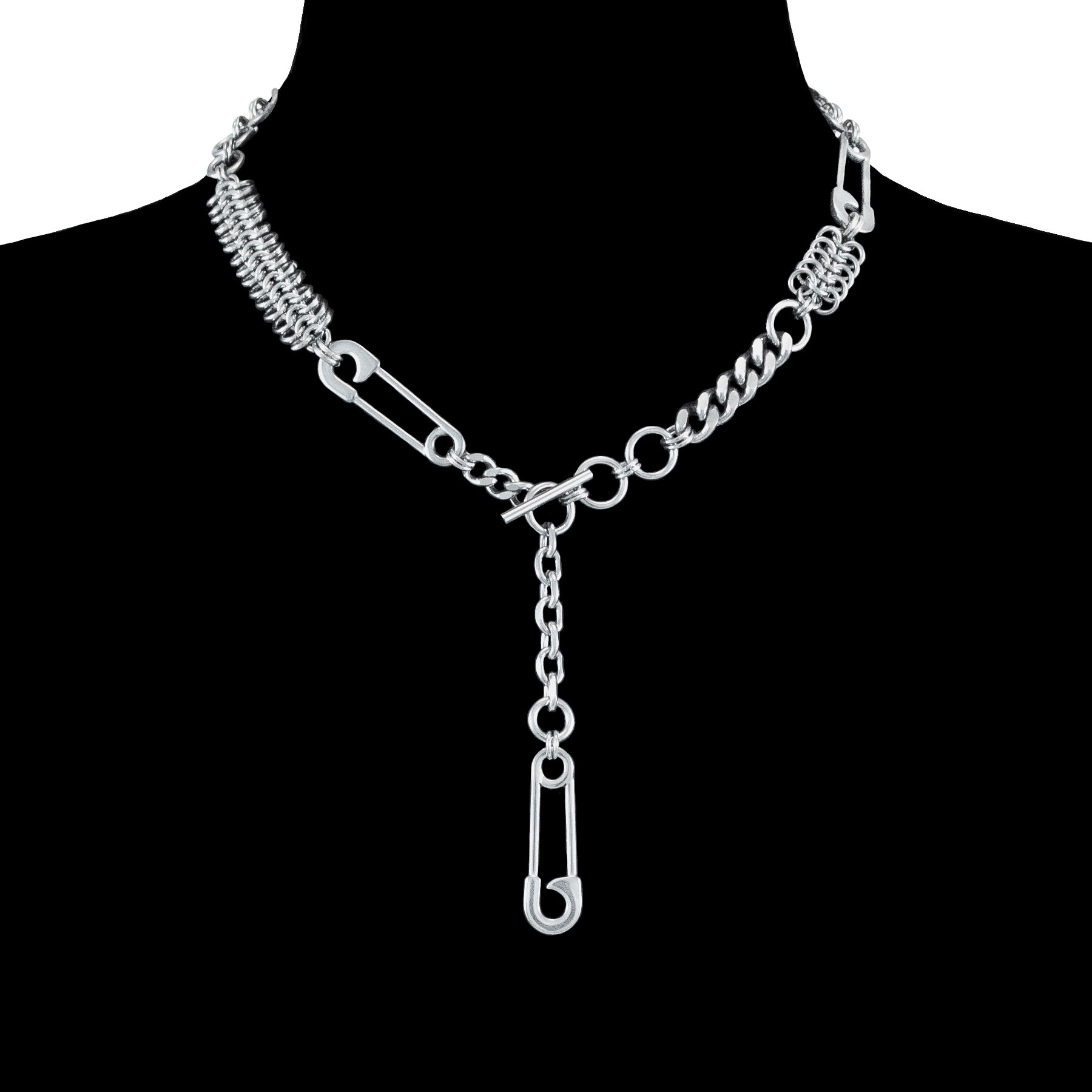 SAFETY PIN front clasp necklace in sterling silver -- wear by