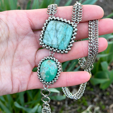 GEMSTONE Emerald & Turquoise Double-Stone Tassel Necklace