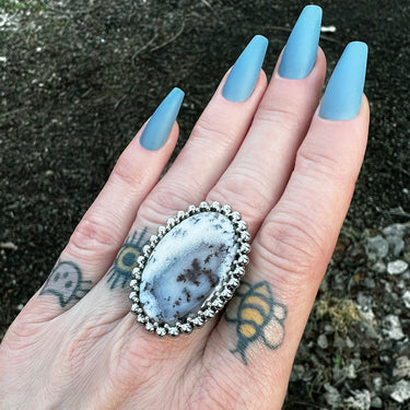 GEMSTONE Large Oval White Dendritic Opal Ring: Size 10