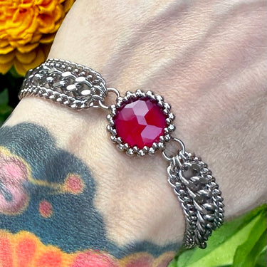 SUMMER GEMSTONE 2025 Small Round Hot Pink Chalcedony Ribbon Bracelet