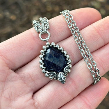 FALL GEMSTONE 2025 Small Blue Goldstone Teardrop Pendant With Winged Skull