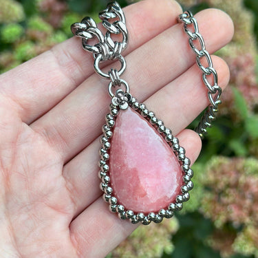 GEMSTONE Rhodochrosite Teardrop Pendant With Flower