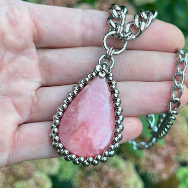 GEMSTONE Rhodochrosite Teardrop Pendant With Flower