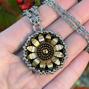 FALL GEMSTONE 2025 Vintage 20's Black & Gold Glass Flower Button Pendant