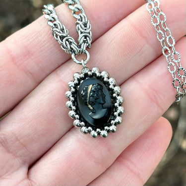 FALL GEMSTONE 2025 Small Vintage Black Glass Victorian Cameo Pendant