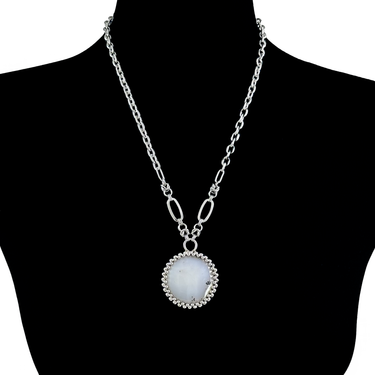 GEMSTONE Round White Dendritic Agate Pendant