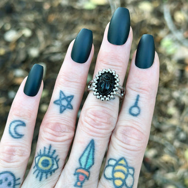 FALL GEMSTONE 2025 Small Vintage Black Glass Scarab Ring: Size 6.5