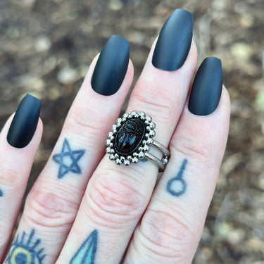 FALL GEMSTONE 2025 Small Vintage Black Glass Scarab Ring: Size 6.5
