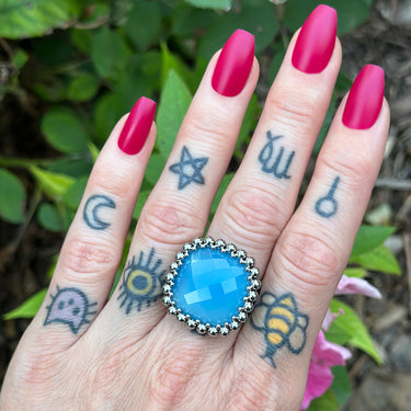 SUMMER GEMSTONE 2025 Rose-Cut Blue Chalcedony Cushion Ring: Size 9