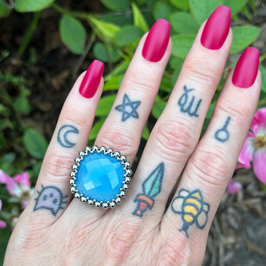 SUMMER GEMSTONE 2025 Rose-Cut Blue Chalcedony Cushion Ring: Size 9
