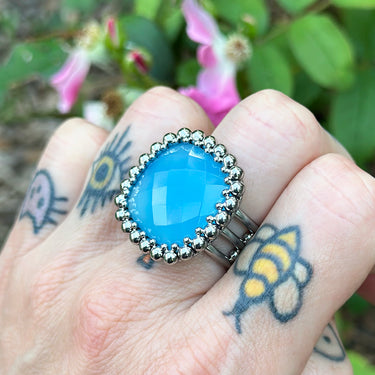 SUMMER GEMSTONE 2025 Rose-Cut Blue Chalcedony Cushion Ring: Size 9