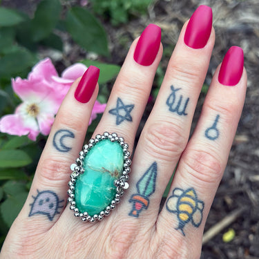 SUMMER GEMSTONE 2025 Large Chrysoprase Oval with Flowers Ring: Size 8