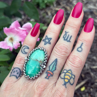 SUMMER GEMSTONE 2025 Large Chrysoprase Oval with Flowers Ring: Size 8
