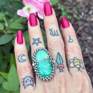SUMMER GEMSTONE 2025 Large Chrysoprase Oval with Flowers Ring: Size 8