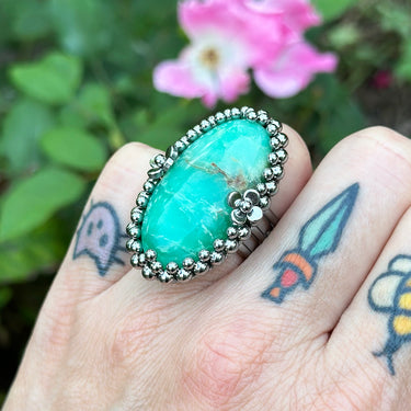 SUMMER GEMSTONE 2025 Large Chrysoprase Oval with Flowers Ring: Size 8