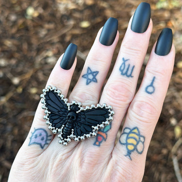 FALL GEMSTONE 2025 Carved Black Horn Death’s Head Moth Ring: Size 8