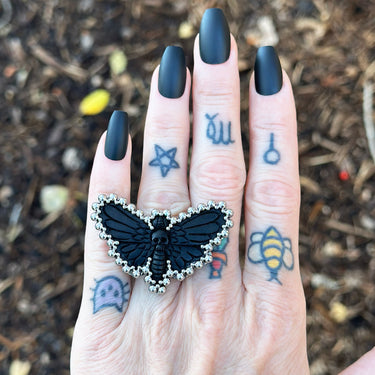 FALL GEMSTONE 2025 Carved Black Horn Death’s Head Moth Ring: Size 8