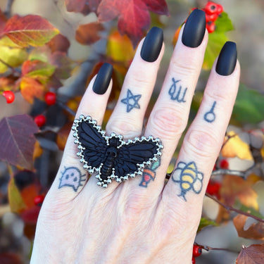 FALL GEMSTONE 2025 Carved Black Horn Death’s Head Moth Ring: Size 8
