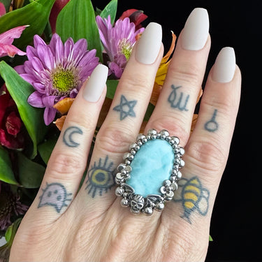 GEMSTONE Oval Larimar Ring With Winged Skull & Flowers: Size 8.5
