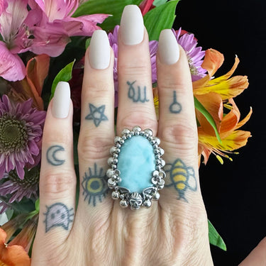 GEMSTONE Oval Larimar Ring With Winged Skull & Flowers: Size 8.5