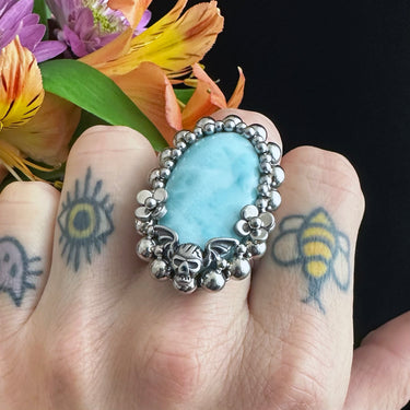 GEMSTONE Oval Larimar Ring With Winged Skull & Flowers: Size 8.5