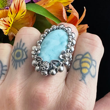 GEMSTONE Oval Larimar Ring With Winged Skull & Flowers: Size 8.5