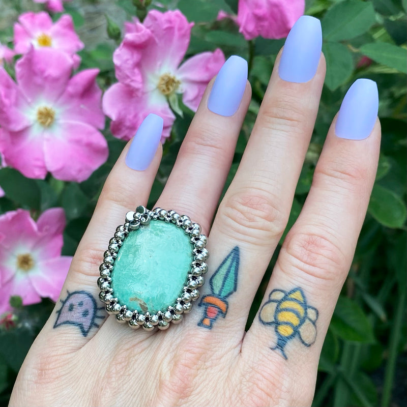 GEMSTONE Rectangular Turquoise Ring With Flower: Size 7.75