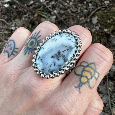 GEMSTONE Large Oval White Dendritic Opal Ring: Size 10