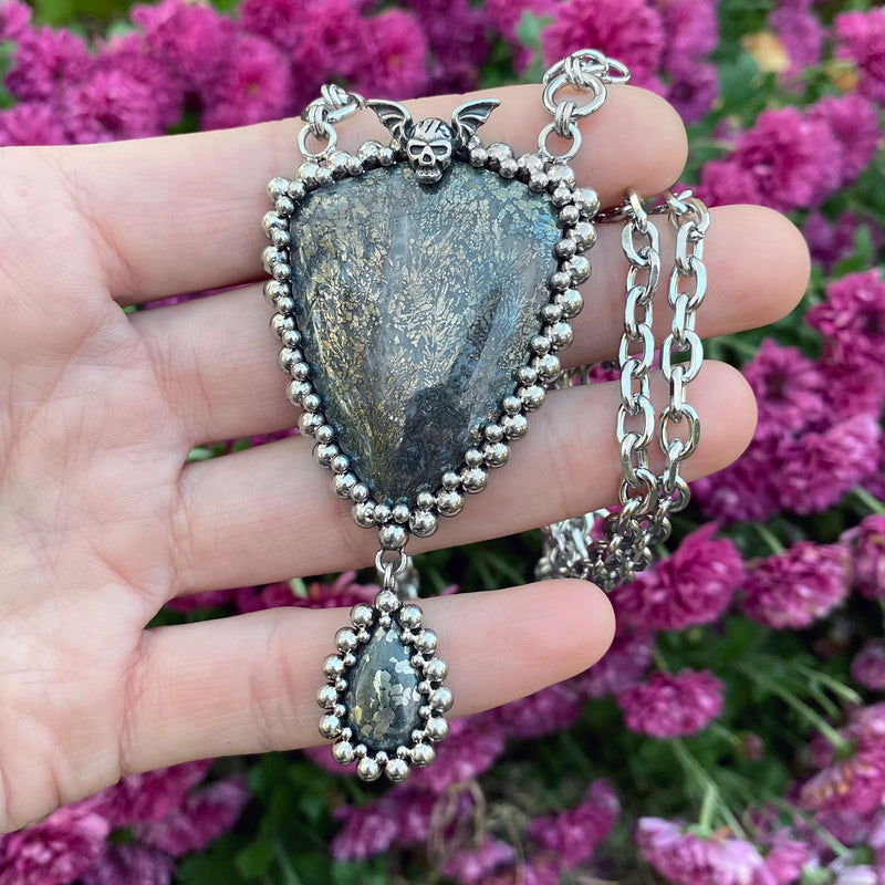 GEMSTONE Marcasite Shield & Pyrite in Agate Drop Necklace