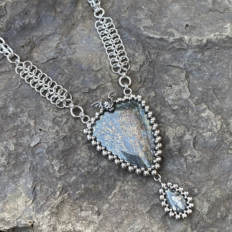 GEMSTONE Marcasite Shield & Pyrite in Agate Drop Necklace