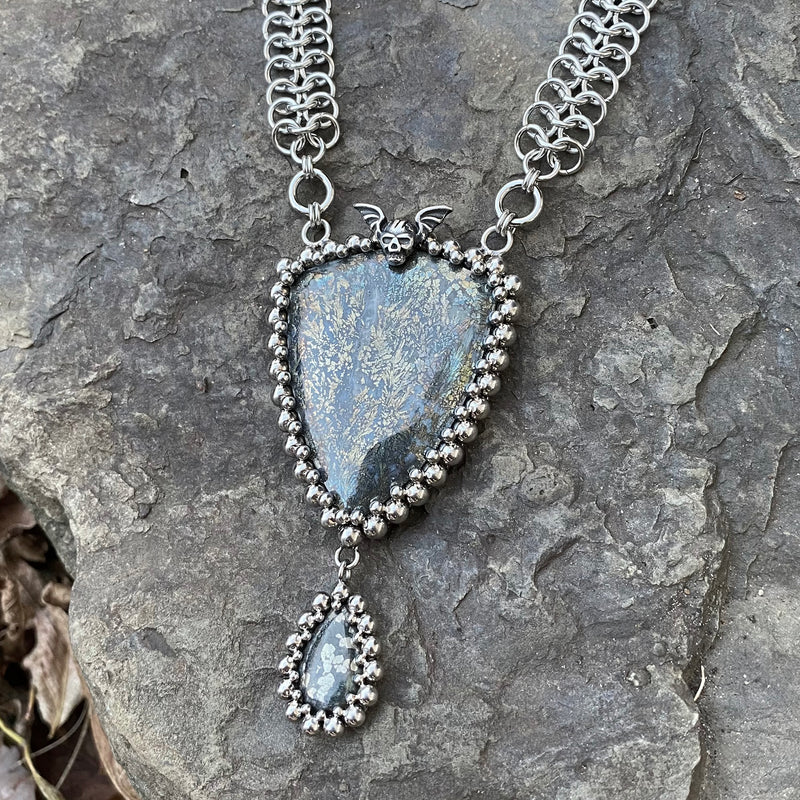 GEMSTONE Marcasite Shield & Pyrite in Agate Drop Necklace