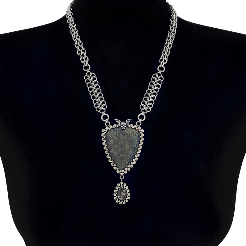 GEMSTONE Marcasite Shield & Pyrite in Agate Drop Necklace