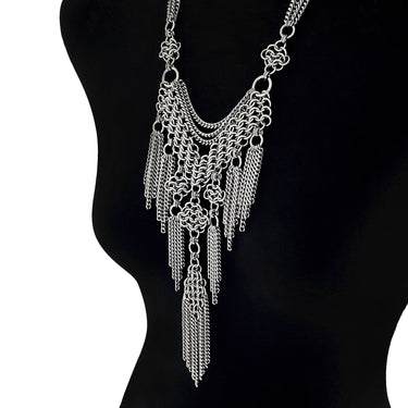 METAL Chainmaille "V" & Rosettes Tassel Necklace