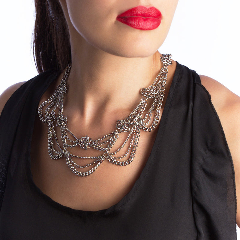 METAL 2 Tier Draping Chain and Rosettes Necklace