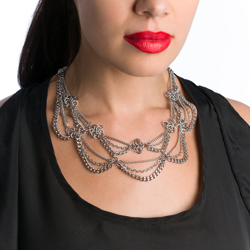 METAL 2 Tier Draping Chain and Rosettes Necklace