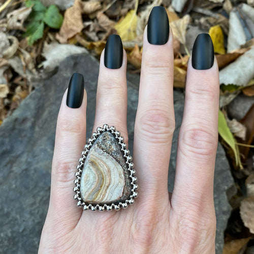GEMSTONE Triangular Petrified Wood Ring: Size 7