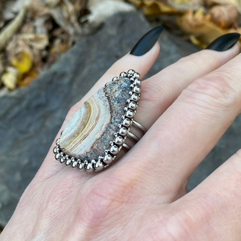 GEMSTONE Triangular Petrified Wood Ring: Size 7
