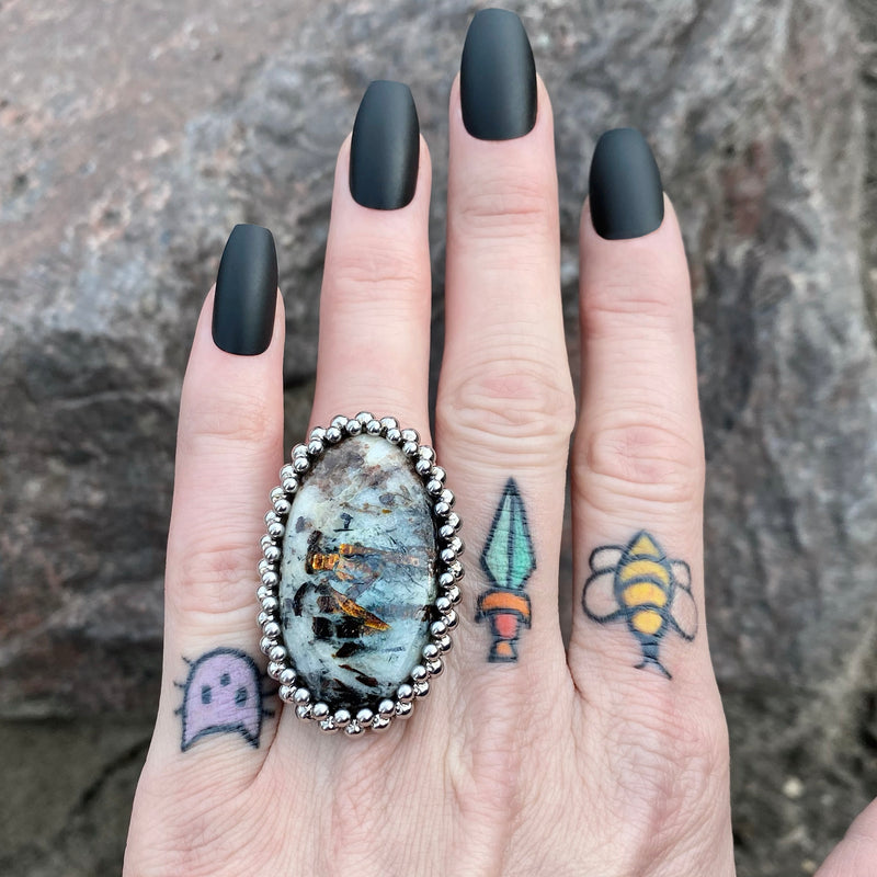GEMSTONE Large Oval Astrophyllite Ring: Size 7.5
