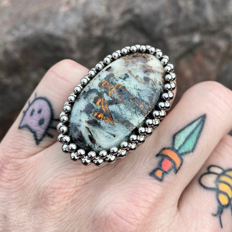 GEMSTONE Large Oval Astrophyllite Ring: Size 7.5