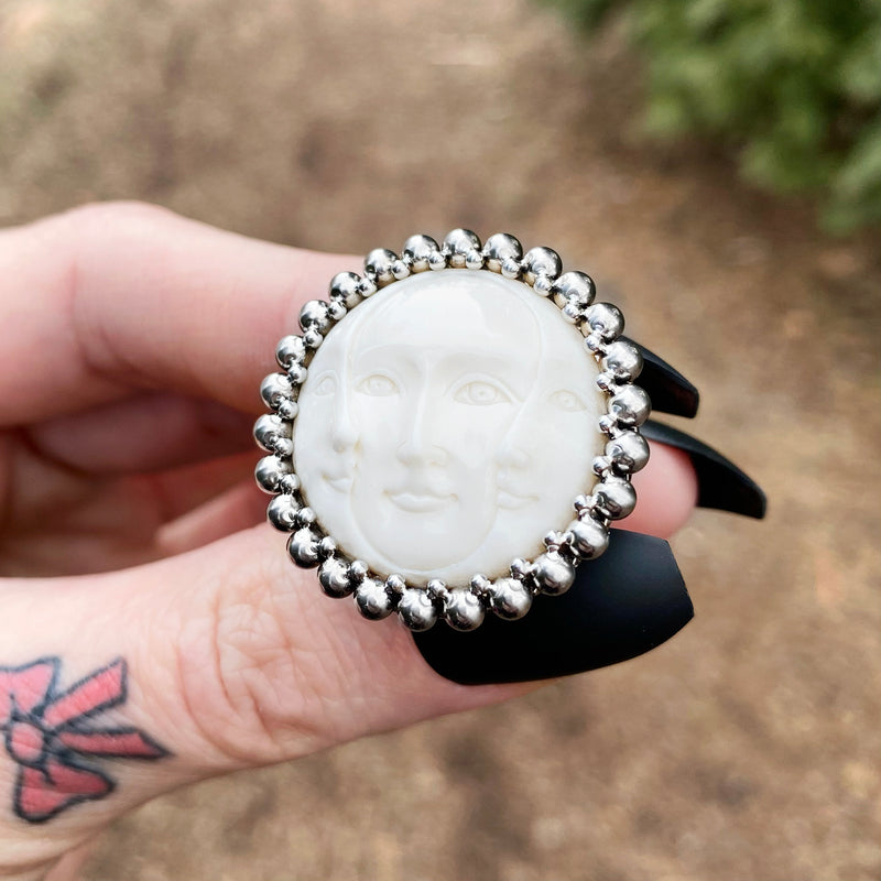 GEMSTONE Round Carved Bone Triple Moon Ring - Size 6.5