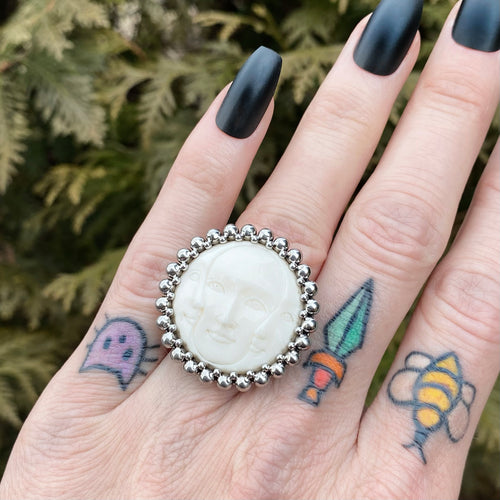 GEMSTONE Round Carved Bone Triple Moon Ring - Size 6.5