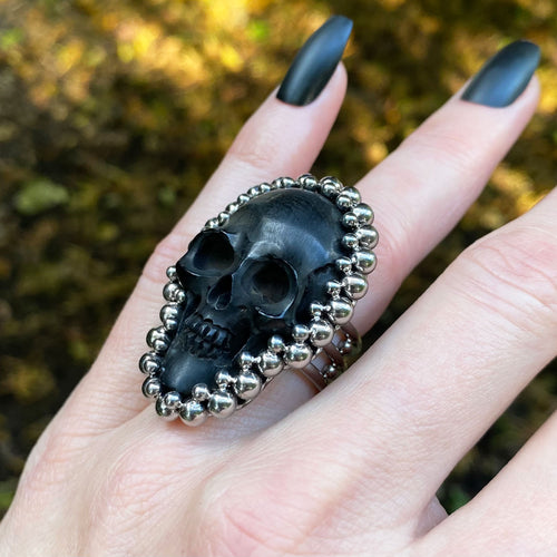 GEMSTONE Carved Black Horn Skull Ring: Size 6.5
