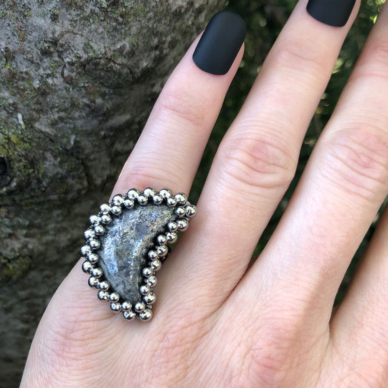 GEMSTONE White Pyrite Moon Ring: Size 5