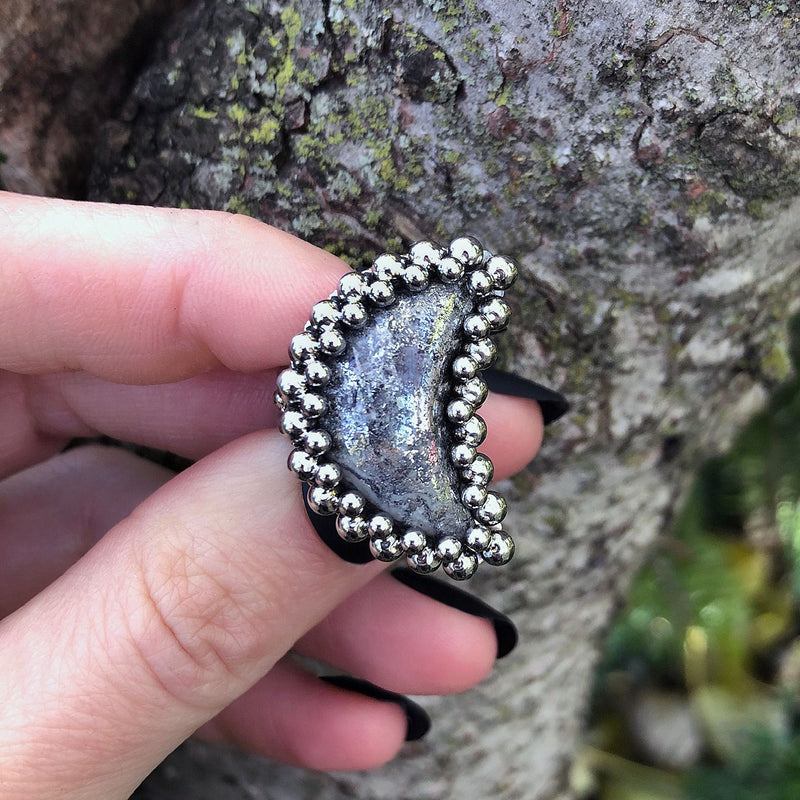 GEMSTONE White Pyrite Moon Ring: Size 5