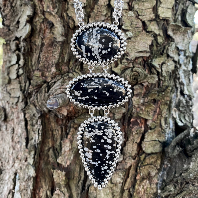 GEMSTONE Snowflake Obsidian Triple Stone Necklace