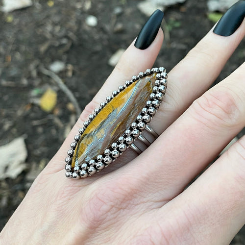 GEMSTONE Large Marquise Tiger Iron Ring: Size 7.5