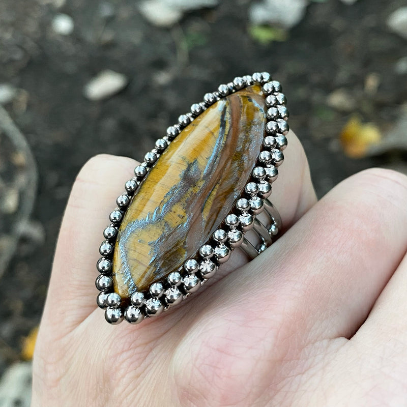 GEMSTONE Large Marquise Tiger Iron Ring: Size 7.5