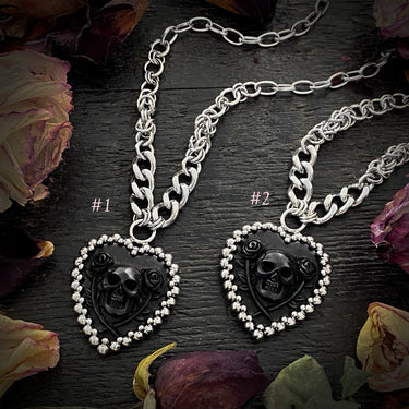 GEMSTONE Carved Black Horn Skull & Roses Heart Pendant